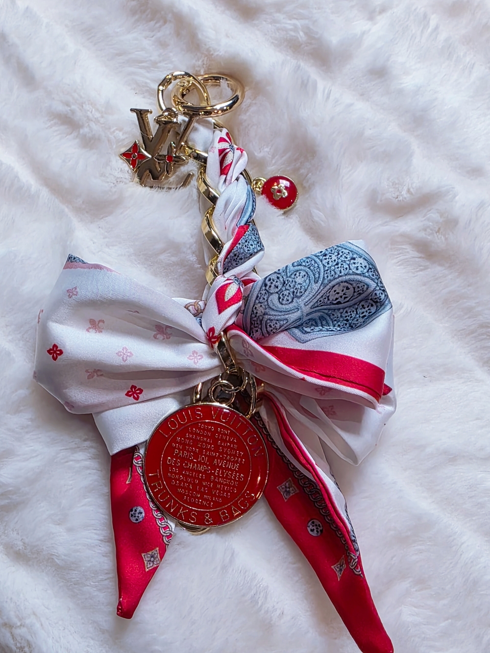 Upcycled Red & White Silk Bow Key Charm
